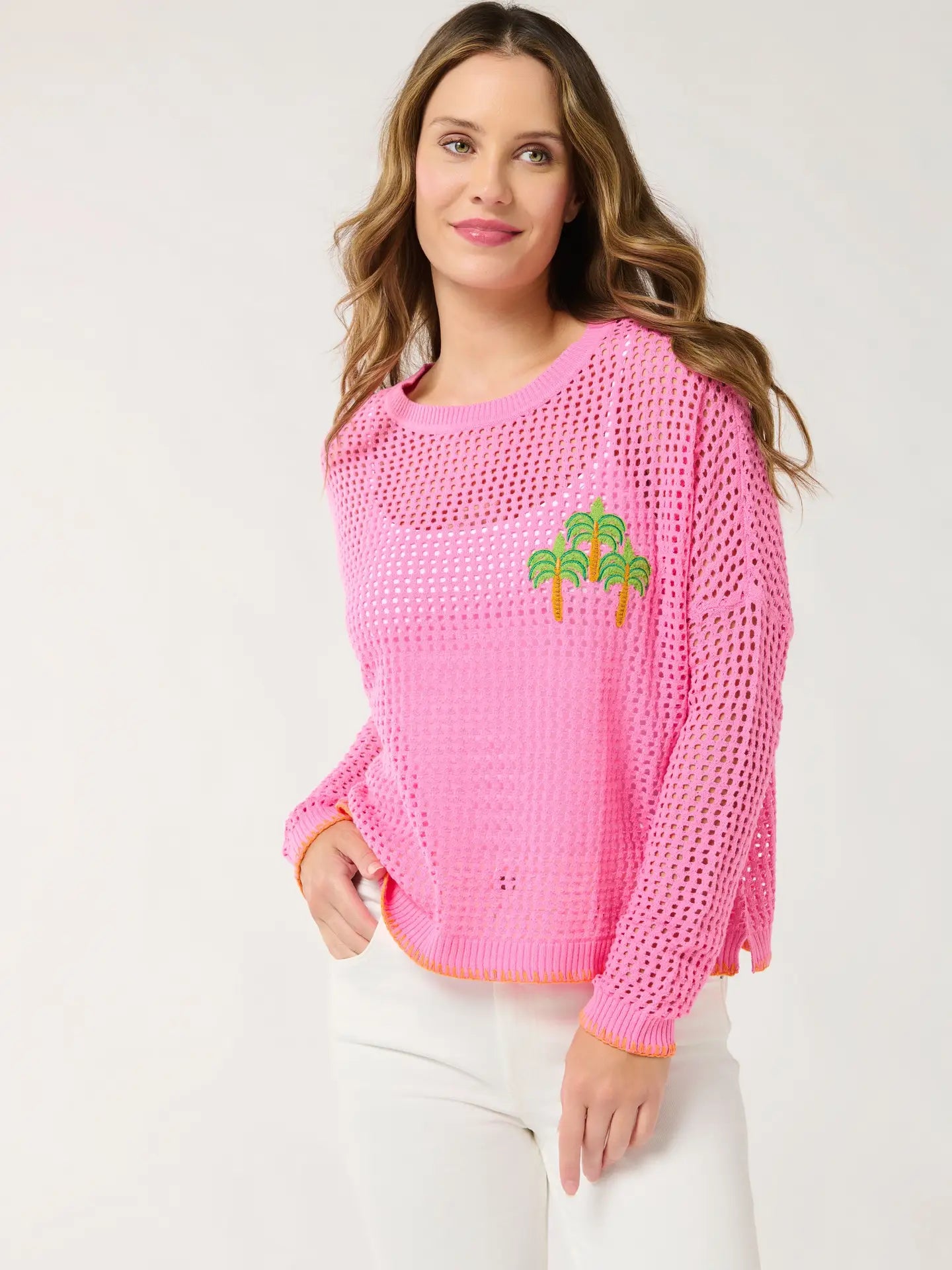 Pink Open Knit Palm Embroidered Lightweight Sweater