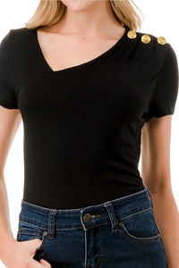 Asymmetric Neckline Black Tee with Gold Shoulder Buttons