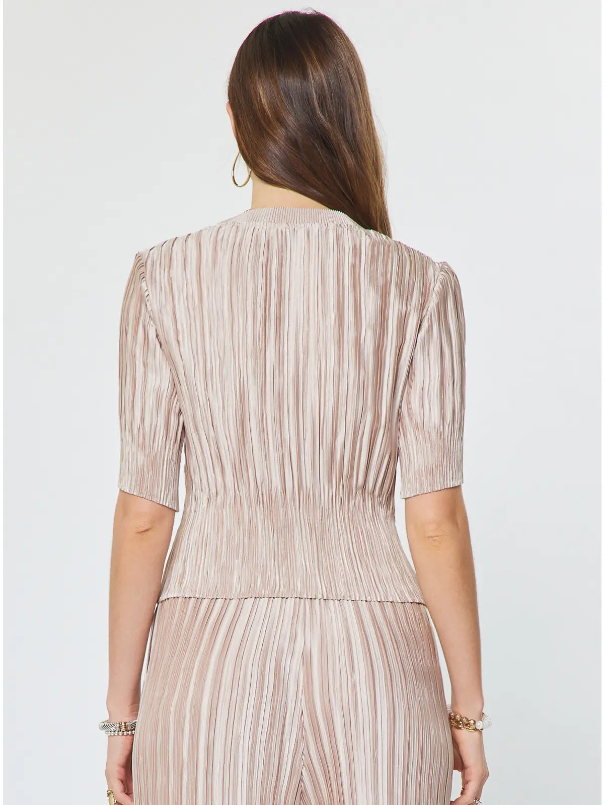 Pleated Textured Short Sleeve Knit Top Pink