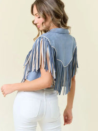 Powder Blue Fringe-Trimmed Western Crop Vest