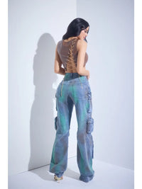 Distressed Cargo Flare Jeans with Side Pockets