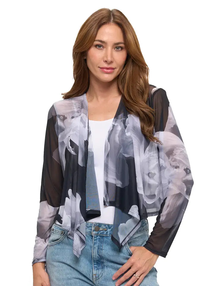 Black & White Floral Sheer Cropped Cardigan