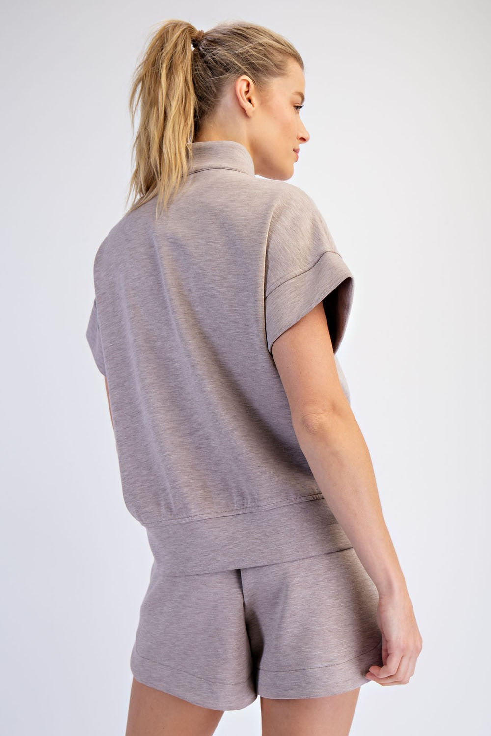Nude Short Sleeve Quarter Zip Mock Neck Lounge Pullover