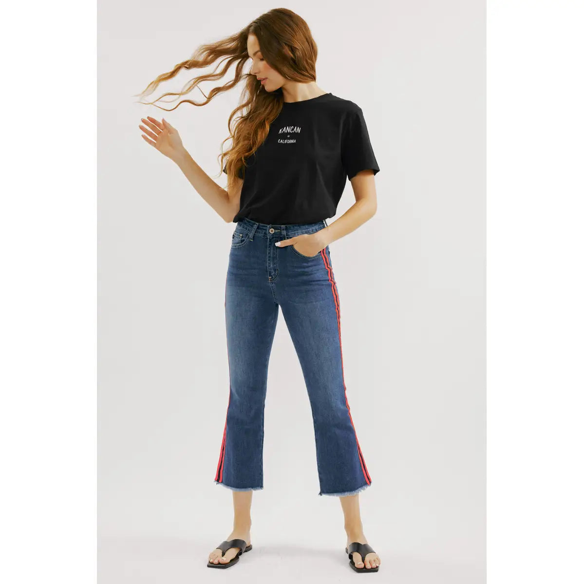 High Rise Cropped Flare Jeans with Contrast Side Stripe Detail