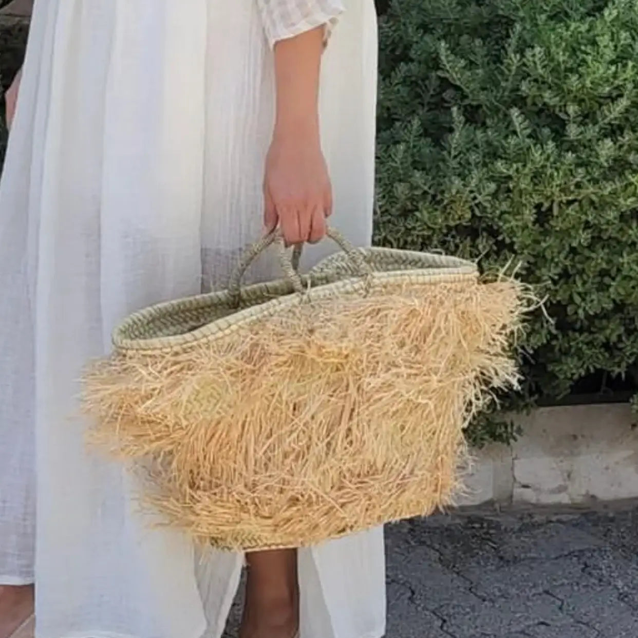 Fringe Straw Tote Bag with Handwoven Handles and Natural Raffia Detail
