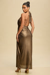 Bronze Metallic Draped Halter Maxi Dress with Front Slit