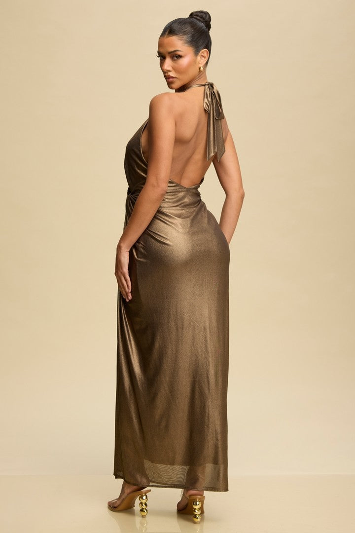 Bronze Metallic Draped Halter Maxi Dress with Front Slit