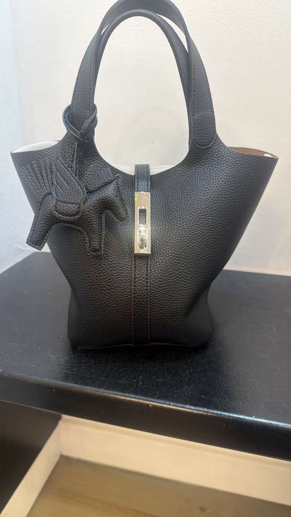 Black Pebbled Leather Structured Top Handle Tote Bag with Lock Detail