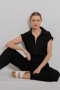 Black Zip Front Sleeveless Jogger Jumpsuit
