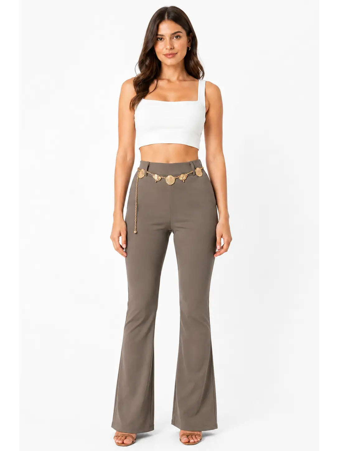High Waist Nude Flare Pants with Gold Chain Detail