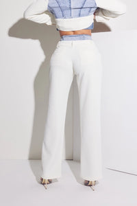 White Tailored Pants with Light Denim Waistband Detail