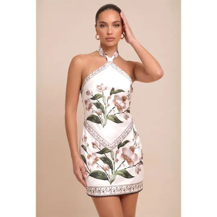 Floral Halter Mini Dress with Scarf Neck and Sleek Bodycon Fit