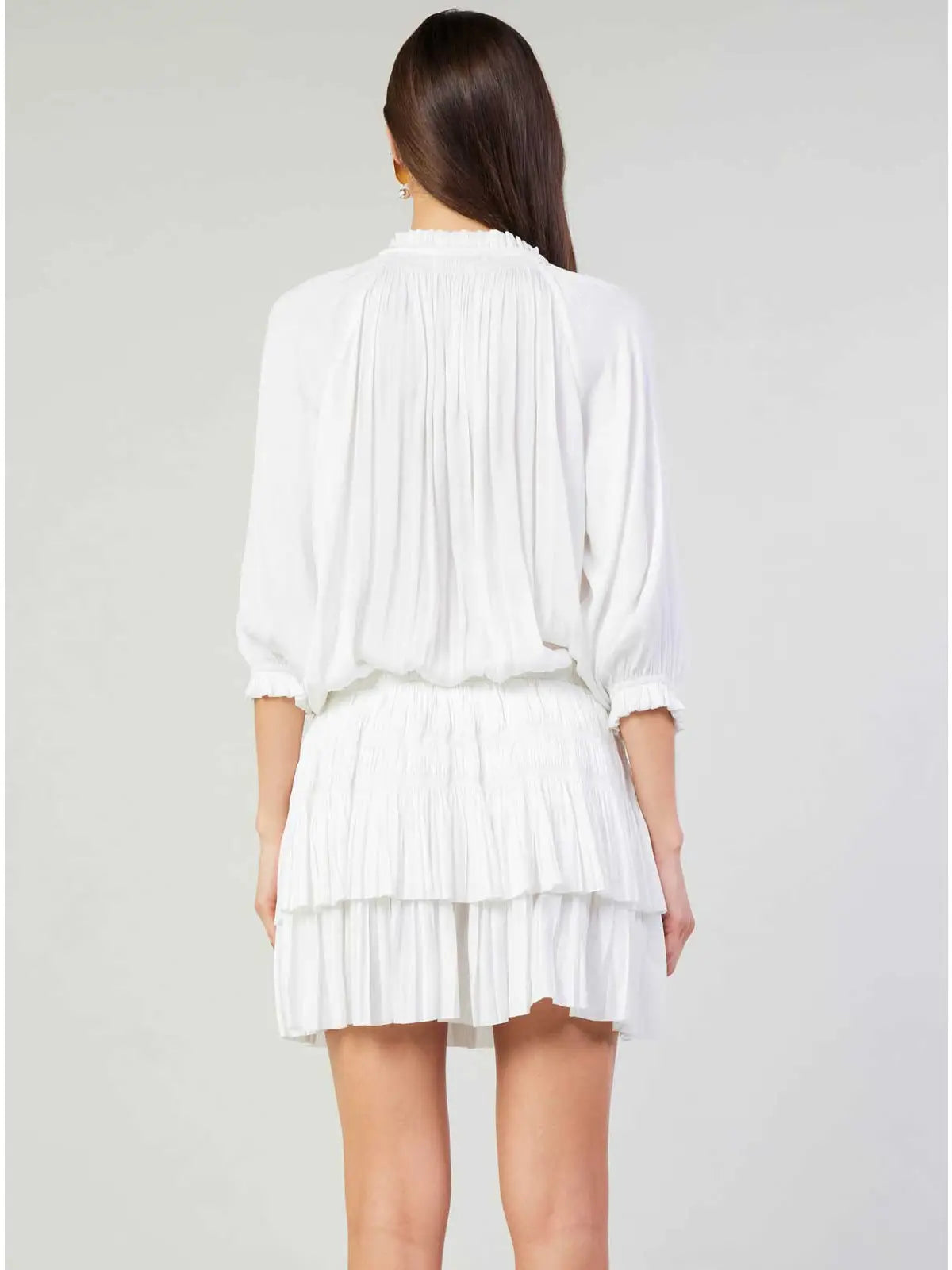 Smocked Waist Ruffle Neck Pleated Dress
