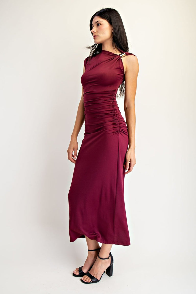 Asymmetric Shoulder Ruched Midi Dress