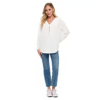 White V-Neck Zip Front Long Sleeve Blouse