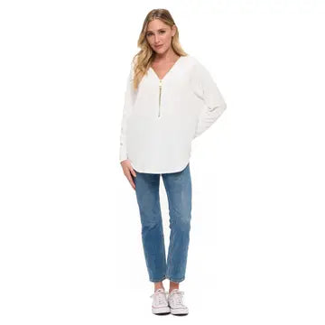 White V-Neck Zip Front Long Sleeve Blouse