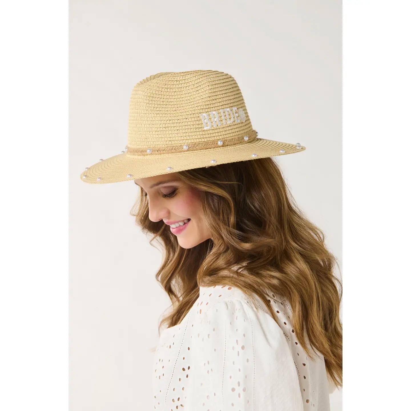 Bride Pearl Embellished Wide Brim Straw Hat with Shell Detail