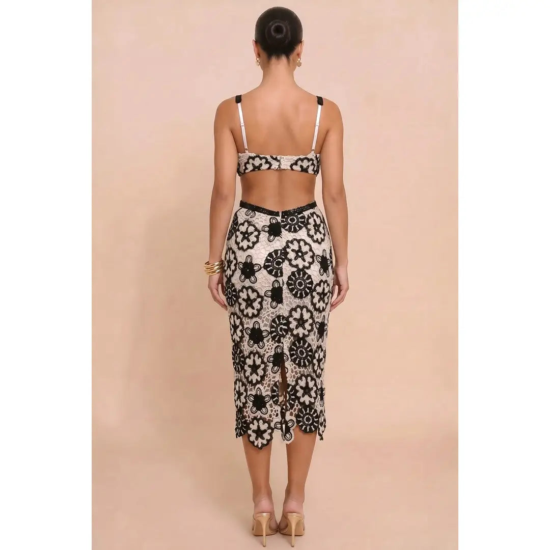 Floral Lace Cutout Midi Dress with Contrast Trim