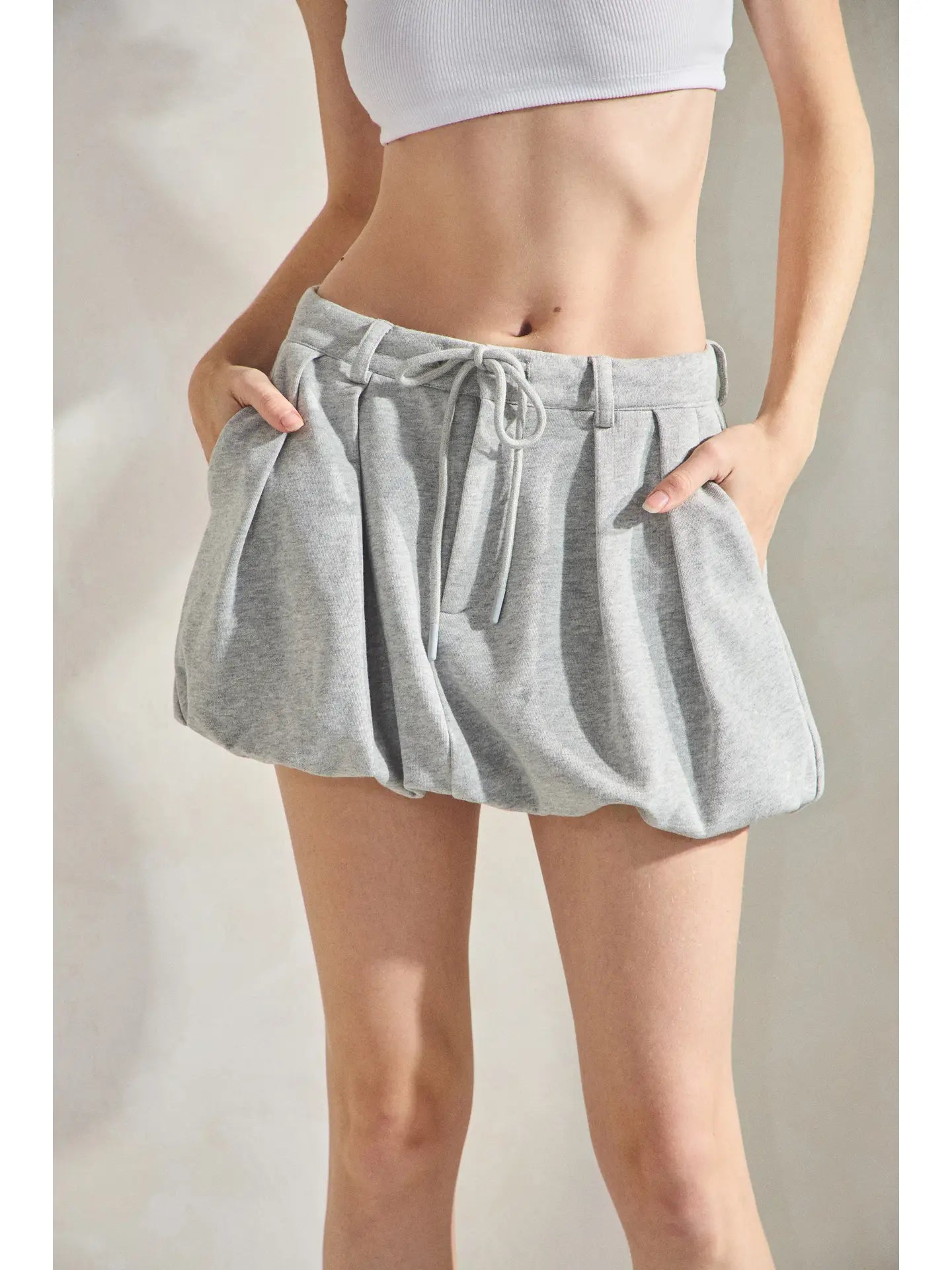 Gray Drawstring Bubble Hem Mini Skirt with Pockets