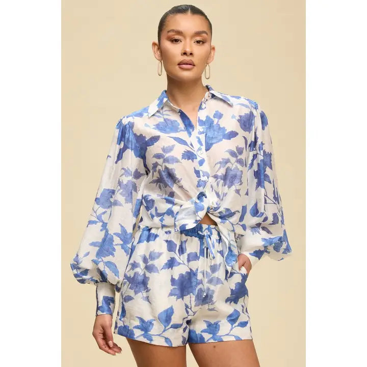 Blue Floral Long Sleeve Top and Shorts Matching Set