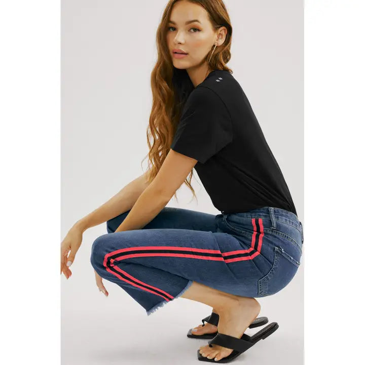 High Rise Cropped Flare Jeans with Contrast Side Stripe Detail