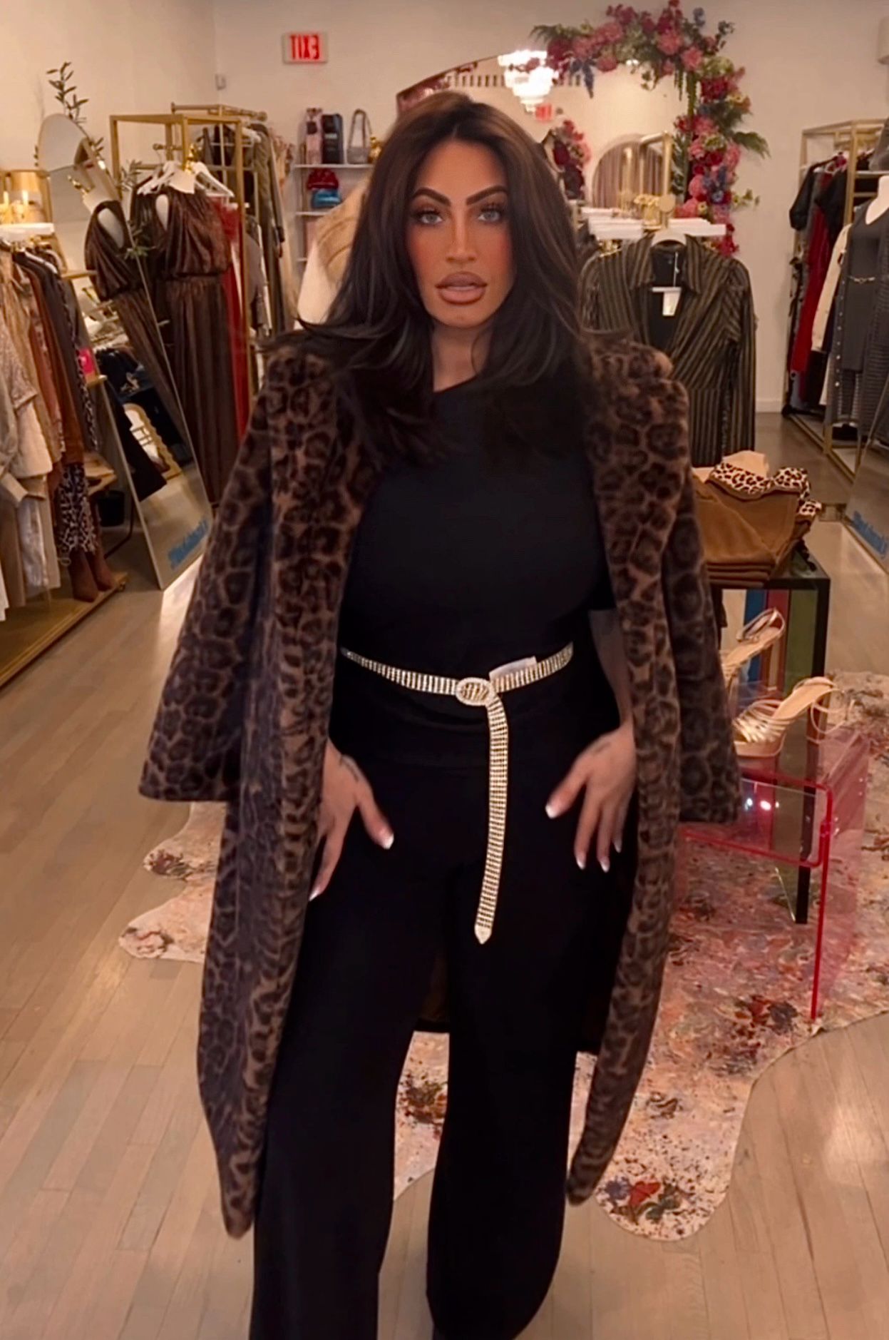 Leopard Print Vegan Fur Long Coat with Oversized Collar