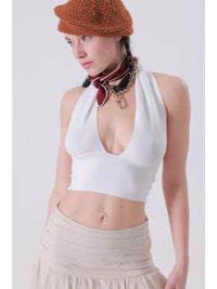 White Ribbed Halter Neck Crop Top with Deep V Neckline