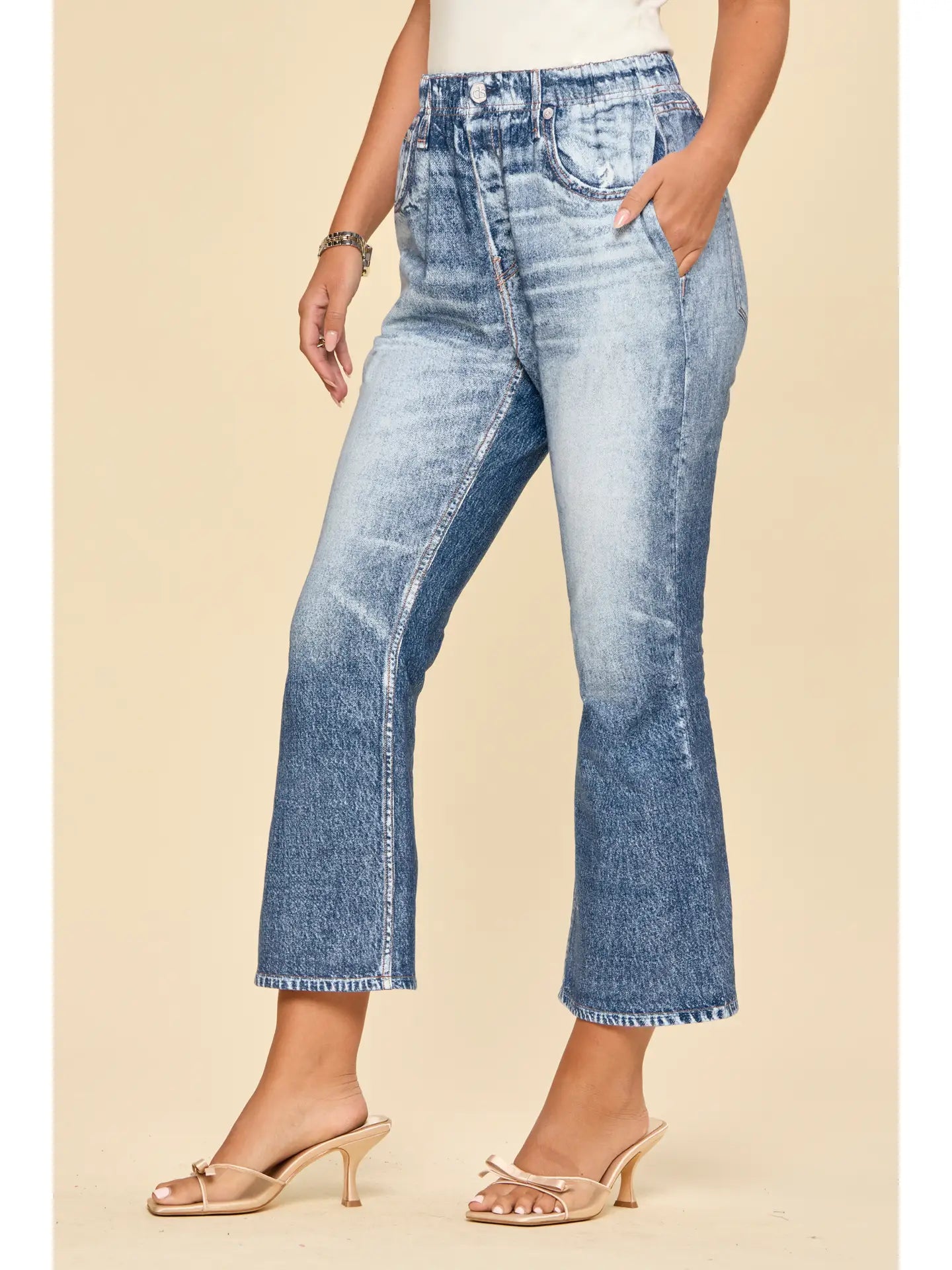 High Rise Elastic Waist Cropped Flare Jeans in Vintage Wash