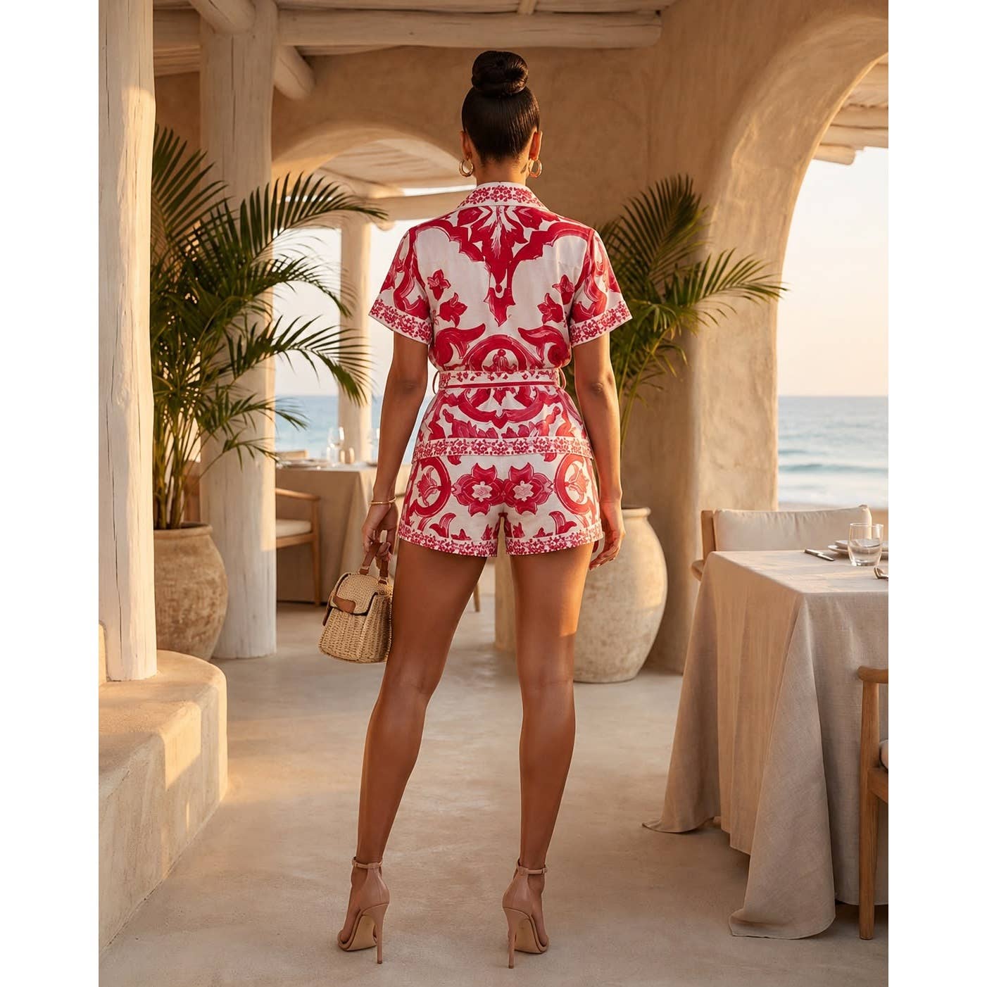 Tropical Print Belted Short Set