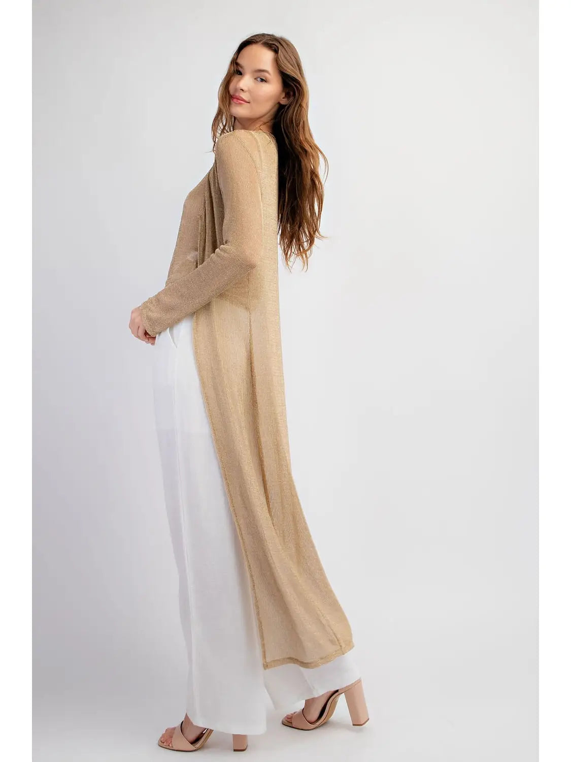 Gold Sheer Knit Longline Open Front Cardigan