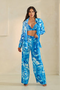Blue Tie-Dye 3-Piece Wide-Leg Pant Set