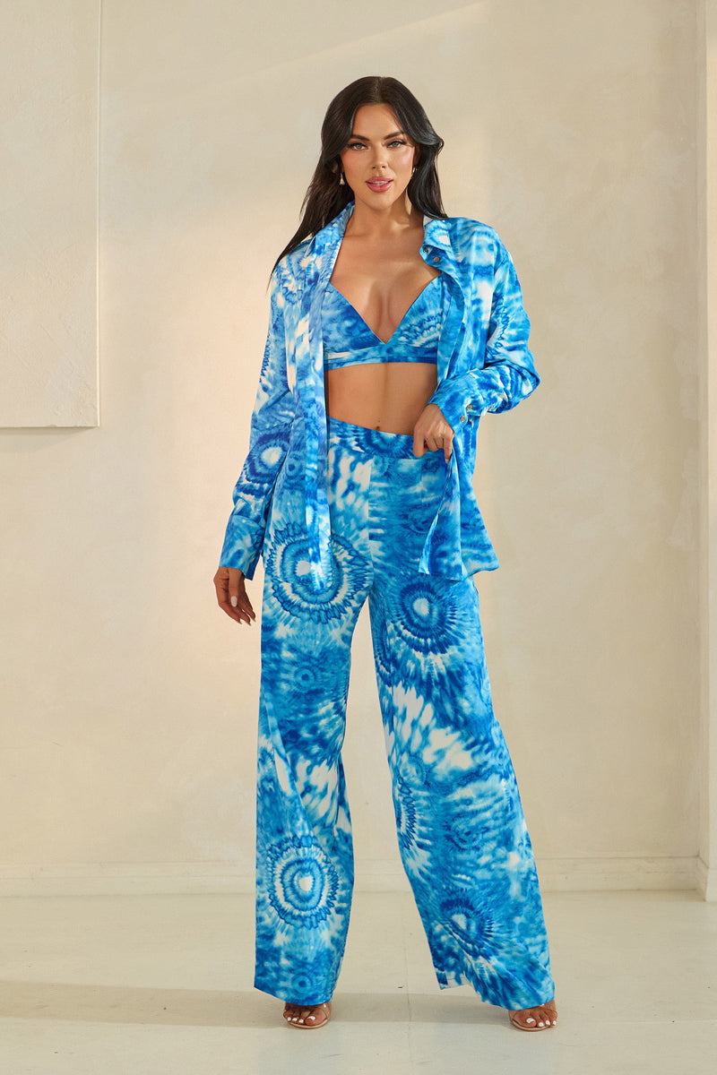 Blue Tie-Dye 3-Piece Wide-Leg Pant Set