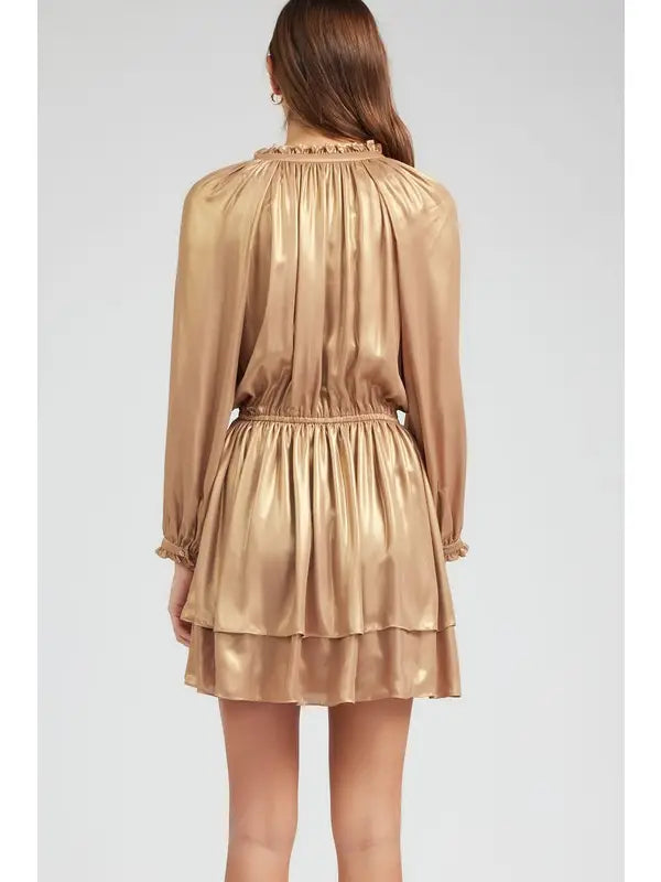 Gold Satin Tiered Mini Dress with Ruffle Neckline