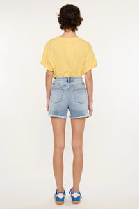 High Rise Distressed Denim Shorts with Frayed Hem