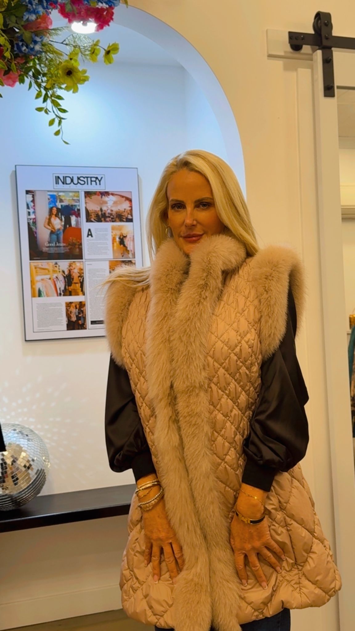 Quilted Vest with Fox Fur Trim in Petal
