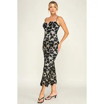 Black Lace Corset Midi Dress with Lace-Up Back