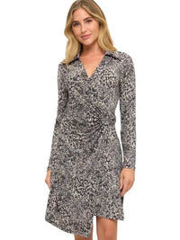 Animal Print Collared Wrap Front Long Sleeve Dress