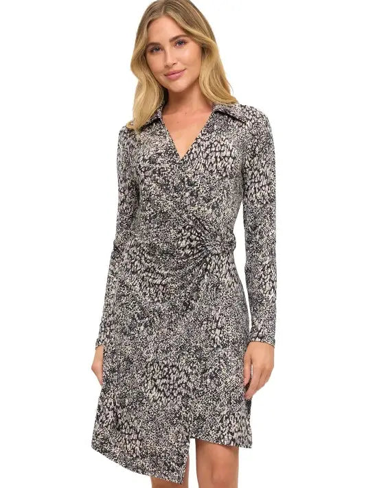 Animal Print Collared Wrap Front Long Sleeve Dress