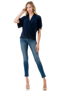 Navy Draped Surplice Short Sleeve Blouse Top