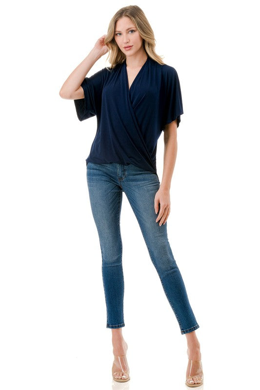 Navy Draped Surplice Short Sleeve Blouse Top