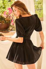V-Neck Puff Sleeve With Buckle Organza Dress