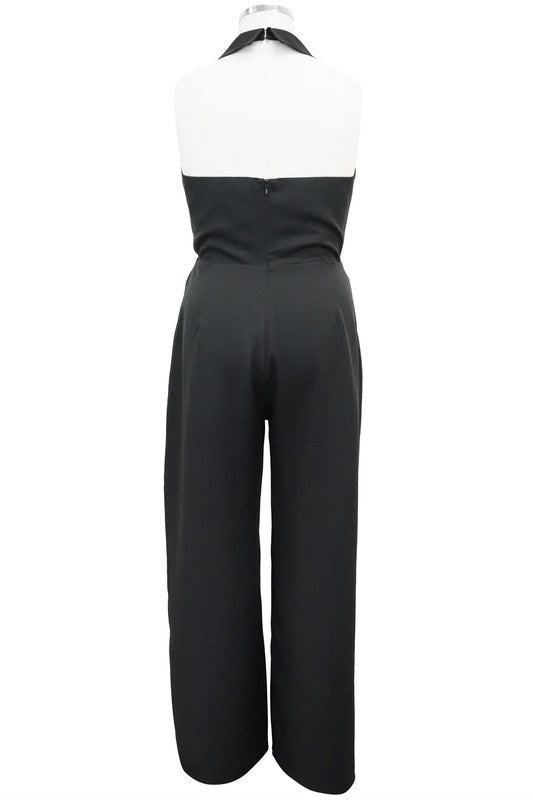 PLUS HALTER TIE FRONT SPLIT JUMPSUIT