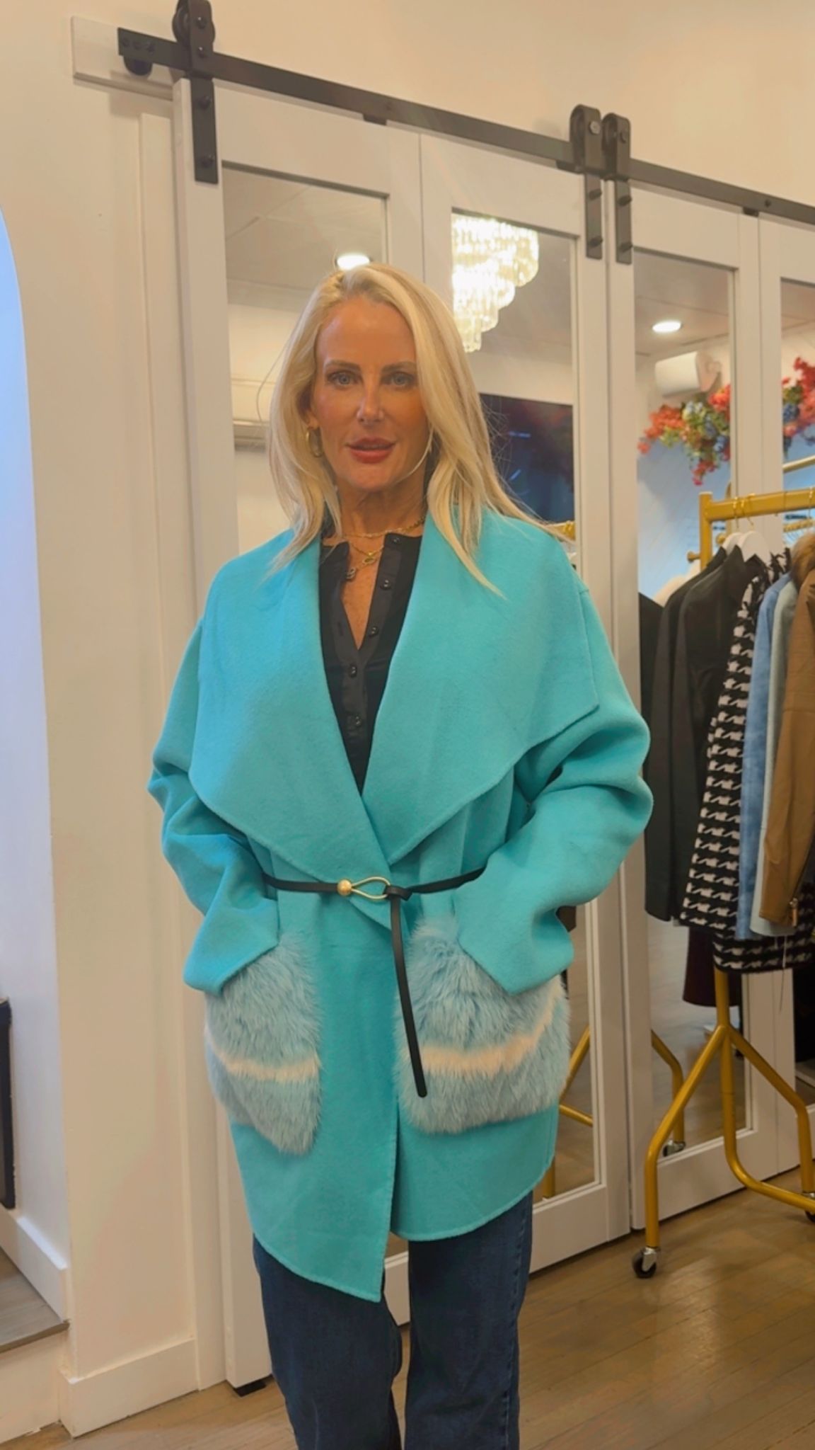 Blue Cashmere Belted Coat with Fox Fur Pockets