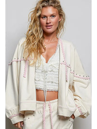 Cropped Zip-Up Hoodie with Stud Detail and Contrast Trim