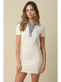 Ribbed Knit Mini Dress with Contrast Denim Collar and Button Placket