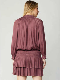 Rose Pink Pleated Tiered Mini Dress with Smocked Waist and Long Sleeves