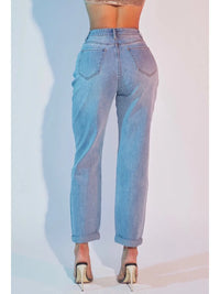 High Rise Distressed Boyfriend Jeans with Rhinestone Detail