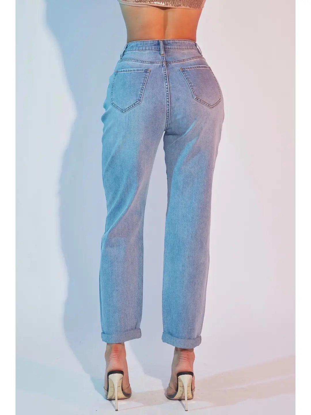 High Rise Distressed Boyfriend Jeans with Rhinestone Detail