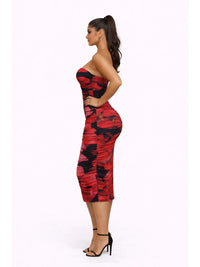 Ruched Strapless Red Print Bodycon Midi Dress