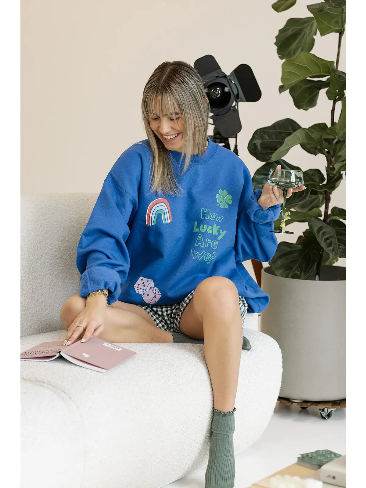 Blue Graphic Crewneck Sweatshirt with Lucky Charm Print